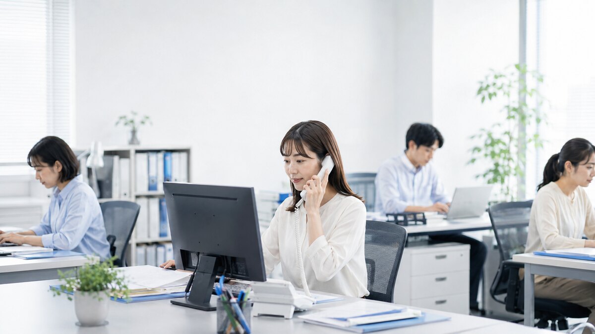 少人数のオフィスで通常業務と電話対応を兼任するスタッフ